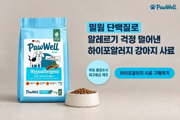 ‘밀웜 단백질로 알레르기 걱정 덜어낸 하이포알러지 강아지 사료’ 카피의 강아지 사료 광고 배너